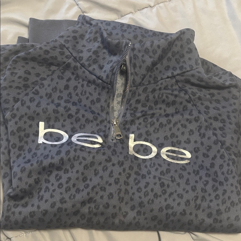 Bebe Sport Charcoal Leopard Print Half-Zip Top